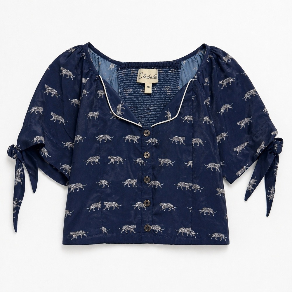 Cleobella Prairie Milkmaid Festival Navy White Tiger Crop Top Cat Kitty Top XS